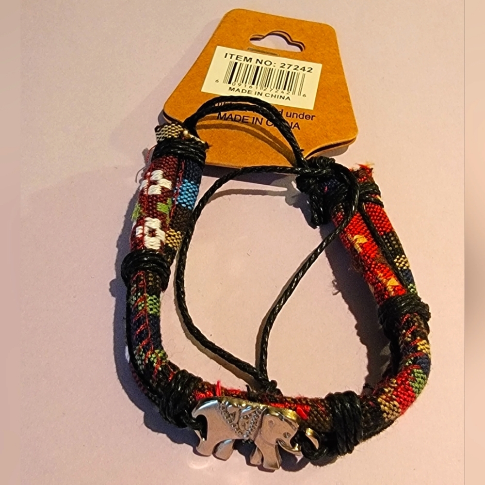Leather Elephant Aztec Macrame Wrap Bracelet - Red Multicolor - Adjustable